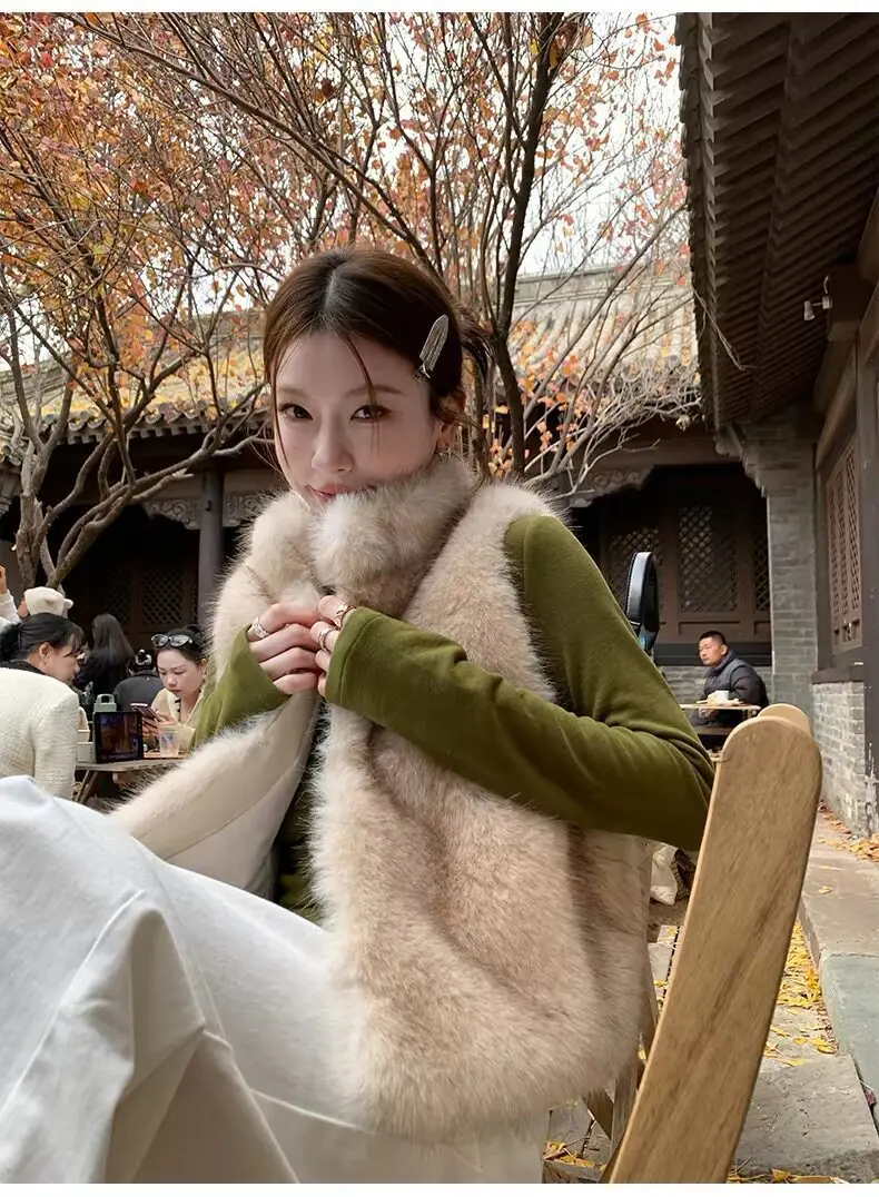 Women Faux Fur Short Coats Jackets Stand Collar Sleeveless Coat Thick Warm Y2k Streetwear Jacket Elegant Outerwear Autumn Winter