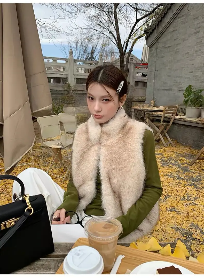Women Faux Fur Short Coats Jackets Stand Collar Sleeveless Coat Thick Warm Y2k Streetwear Jacket Elegant Outerwear Autumn Winter