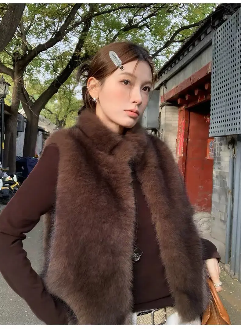 Women Faux Fur Short Coats Jackets Stand Collar Sleeveless Coat Thick Warm Y2k Streetwear Jacket Elegant Outerwear Autumn Winter