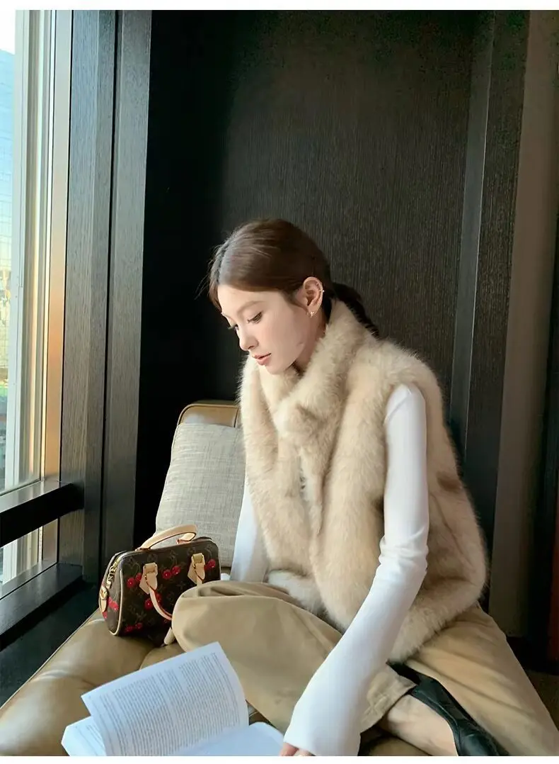 Women Faux Fur Short Coats Jackets Stand Collar Sleeveless Coat Thick Warm Y2k Streetwear Jacket Elegant Outerwear Autumn Winter