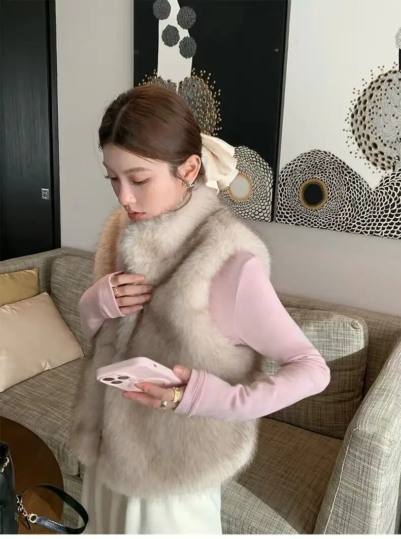 Women Faux Fur Short Coats Jackets Stand Collar Sleeveless Coat Thick Warm Y2k Streetwear Jacket Elegant Outerwear Autumn Winter