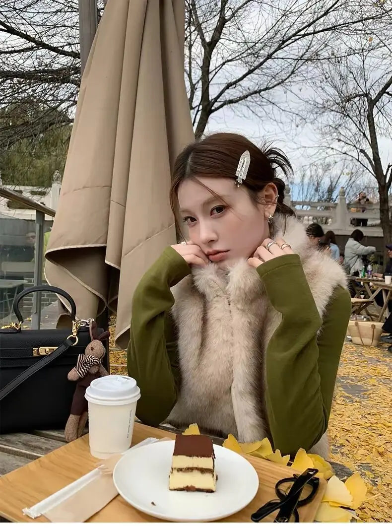Women Faux Fur Short Coats Jackets Stand Collar Sleeveless Coat Thick Warm Y2k Streetwear Jacket Elegant Outerwear Autumn Winter