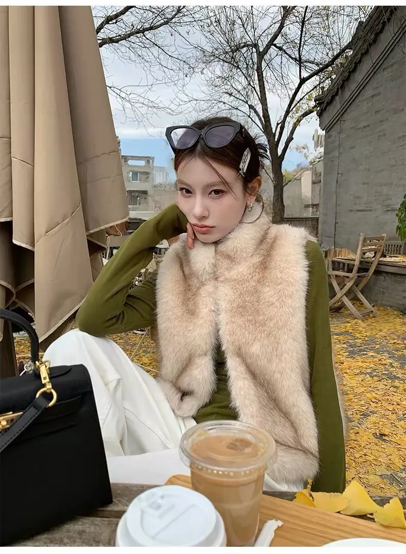 Women Faux Fur Short Coats Jackets Stand Collar Sleeveless Coat Thick Warm Y2k Streetwear Jacket Elegant Outerwear Autumn Winter