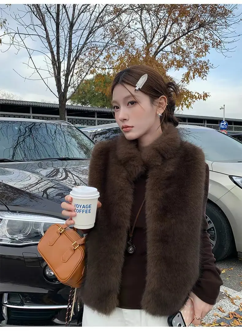 Women Faux Fur Short Coats Jackets Stand Collar Sleeveless Coat Thick Warm Y2k Streetwear Jacket Elegant Outerwear Autumn Winter