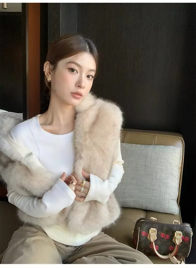 Women Faux Fur Short Coats Jackets Stand Collar Sleeveless Coat Thick Warm Y2k Streetwear Jacket Elegant Outerwear Autumn Winter