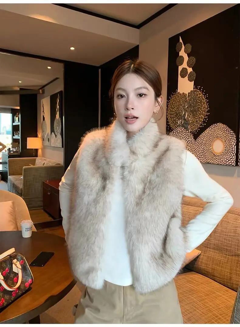 Women Faux Fur Short Coats Jackets Stand Collar Sleeveless Coat Thick Warm Y2k Streetwear Jacket Elegant Outerwear Autumn Winter