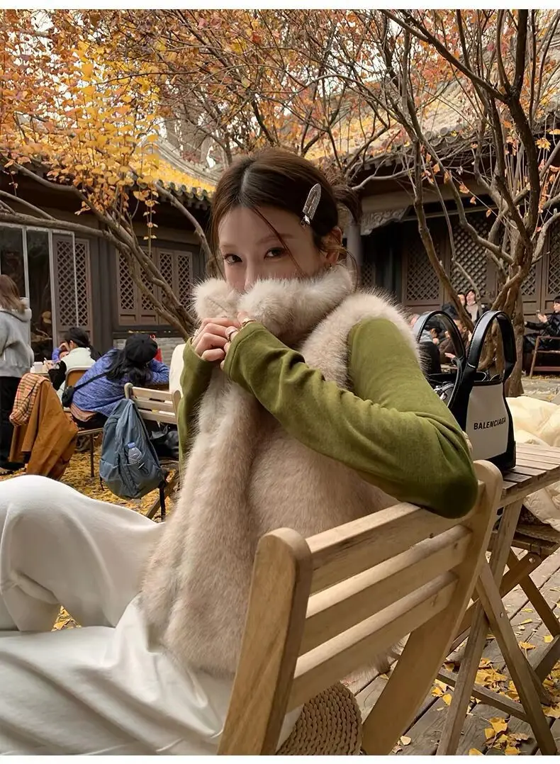 Women Faux Fur Short Coats Jackets Stand Collar Sleeveless Coat Thick Warm Y2k Streetwear Jacket Elegant Outerwear Autumn Winter