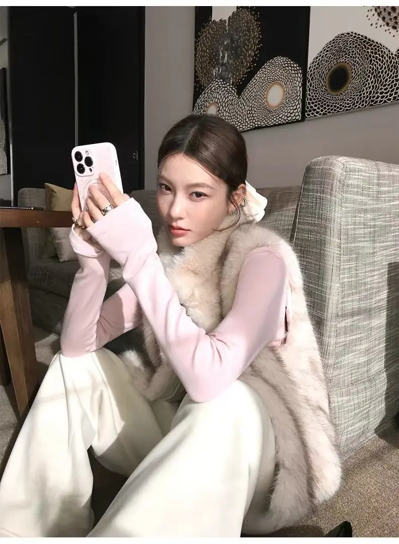 Women Faux Fur Short Coats Jackets Stand Collar Sleeveless Coat Thick Warm Y2k Streetwear Jacket Elegant Outerwear Autumn Winter
