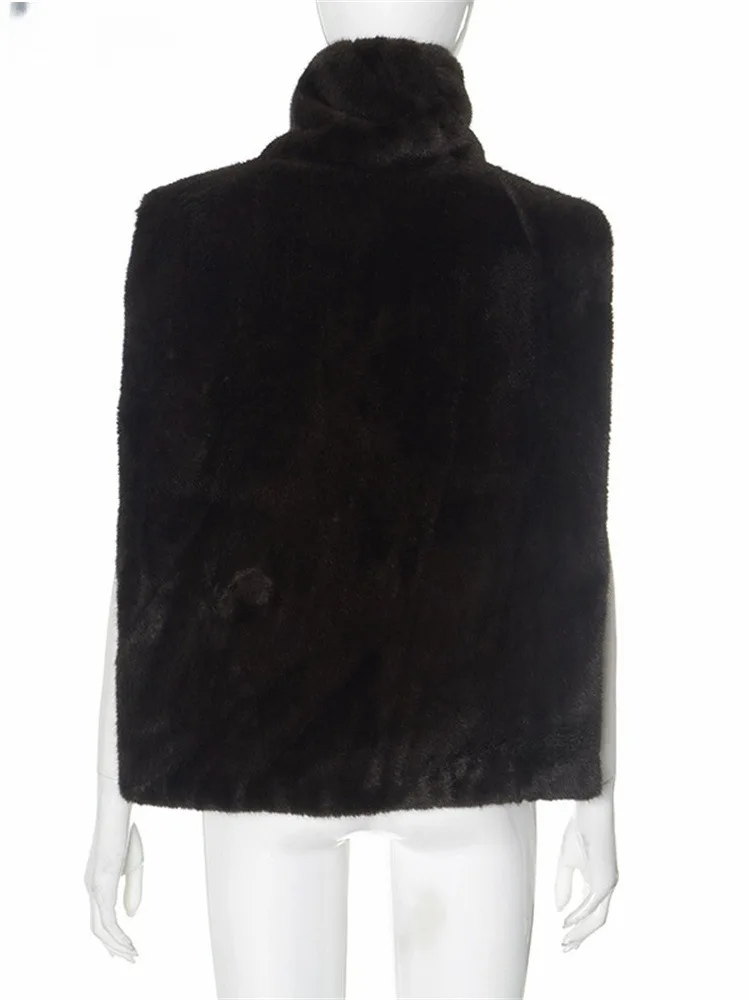 Women Faux Fur Vest Coats Jackets Turtleneck Sleeveless Coat Thick Warm Y2k Streetwear Jacket Elegant Outerwear Autumn Winter