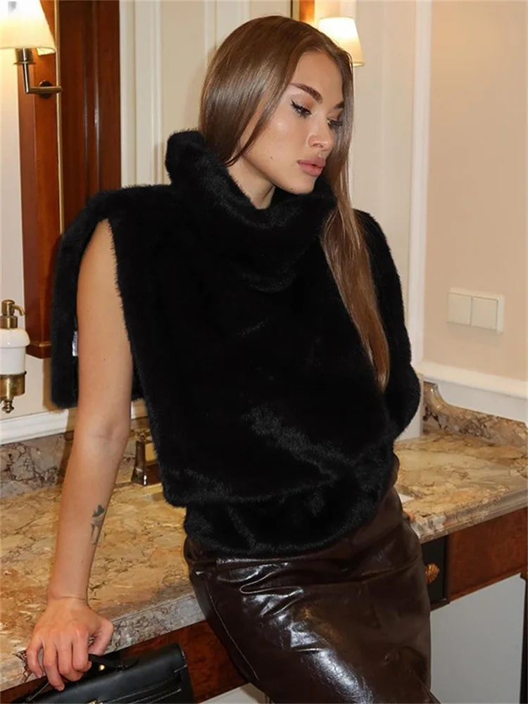 Women Faux Fur Vest Coats Jackets Turtleneck Sleeveless Coat Thick Warm Y2k Streetwear Jacket Elegant Outerwear Autumn Winter
