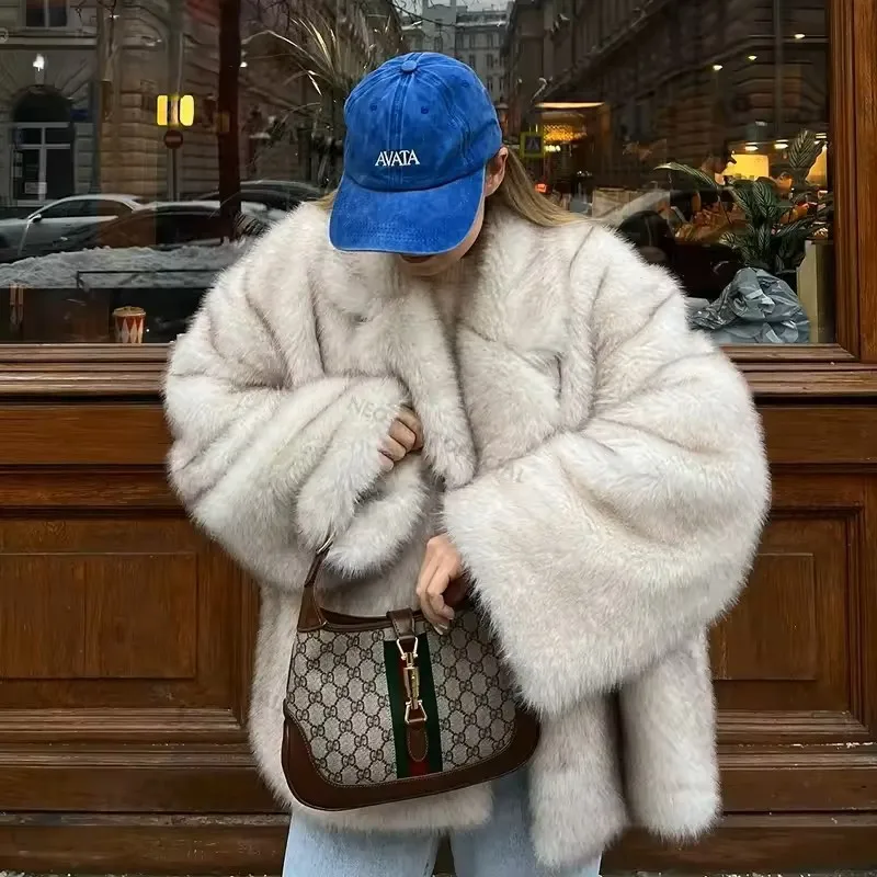Furry Coat Women Warm Long Sleeve Loose Jacket Turn Down Collar Cardigan Solid Thick Faux Fur Coats Elegant Autumn Winter