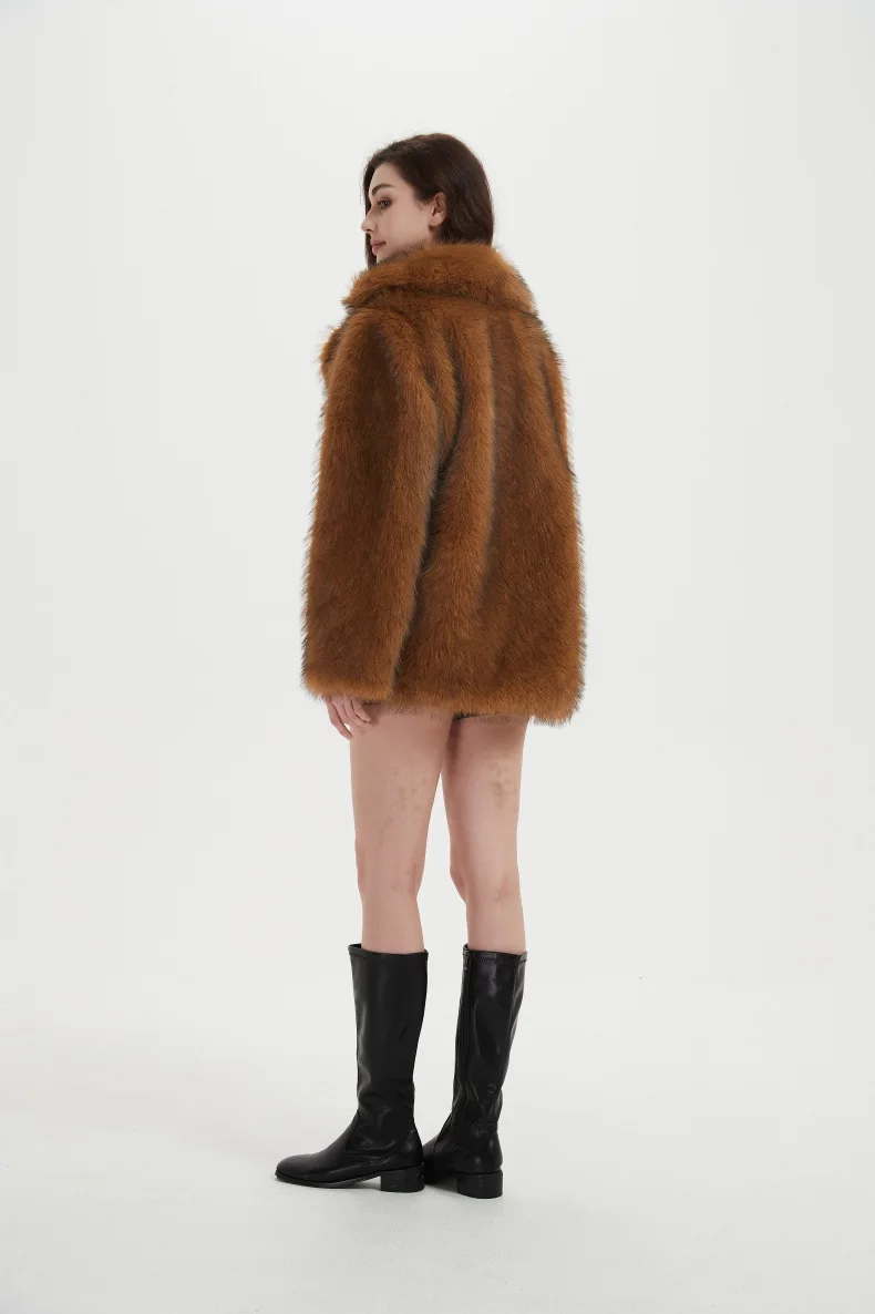 Furry Coat Women Warm Long Sleeve Loose Jacket Turn Down Collar Cardigan Solid Thick Faux Fur Coats Elegant Autumn Winter