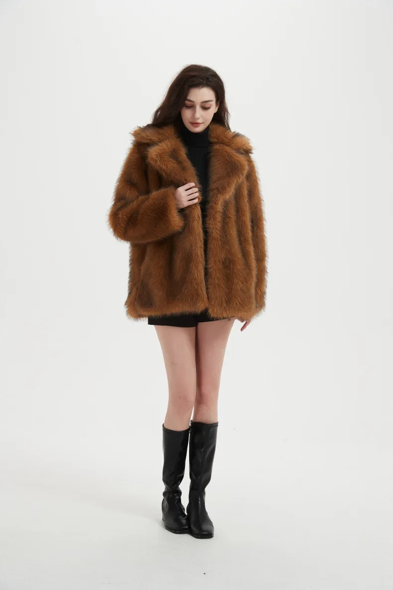 Furry Coat Women Warm Long Sleeve Loose Jacket Turn Down Collar Cardigan Solid Thick Faux Fur Coats Elegant Autumn Winter