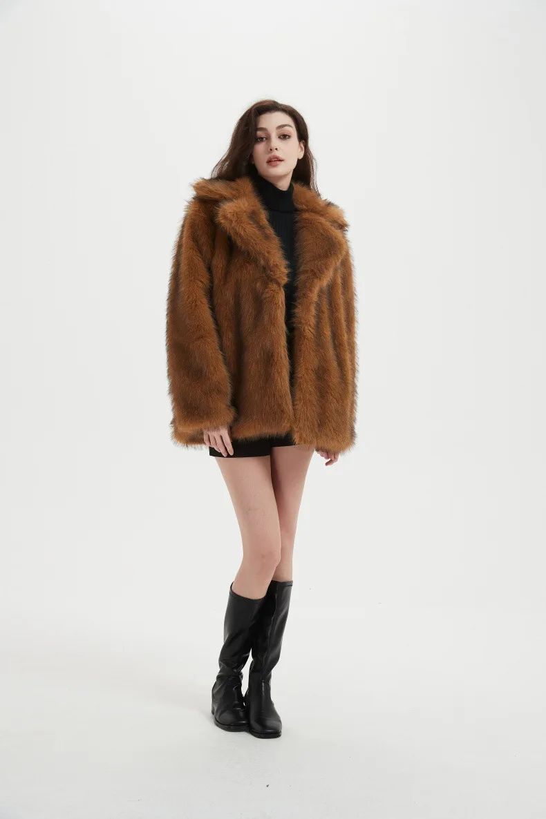 Furry Coat Women Warm Long Sleeve Loose Jacket Turn Down Collar Cardigan Solid Thick Faux Fur Coats Elegant Autumn Winter