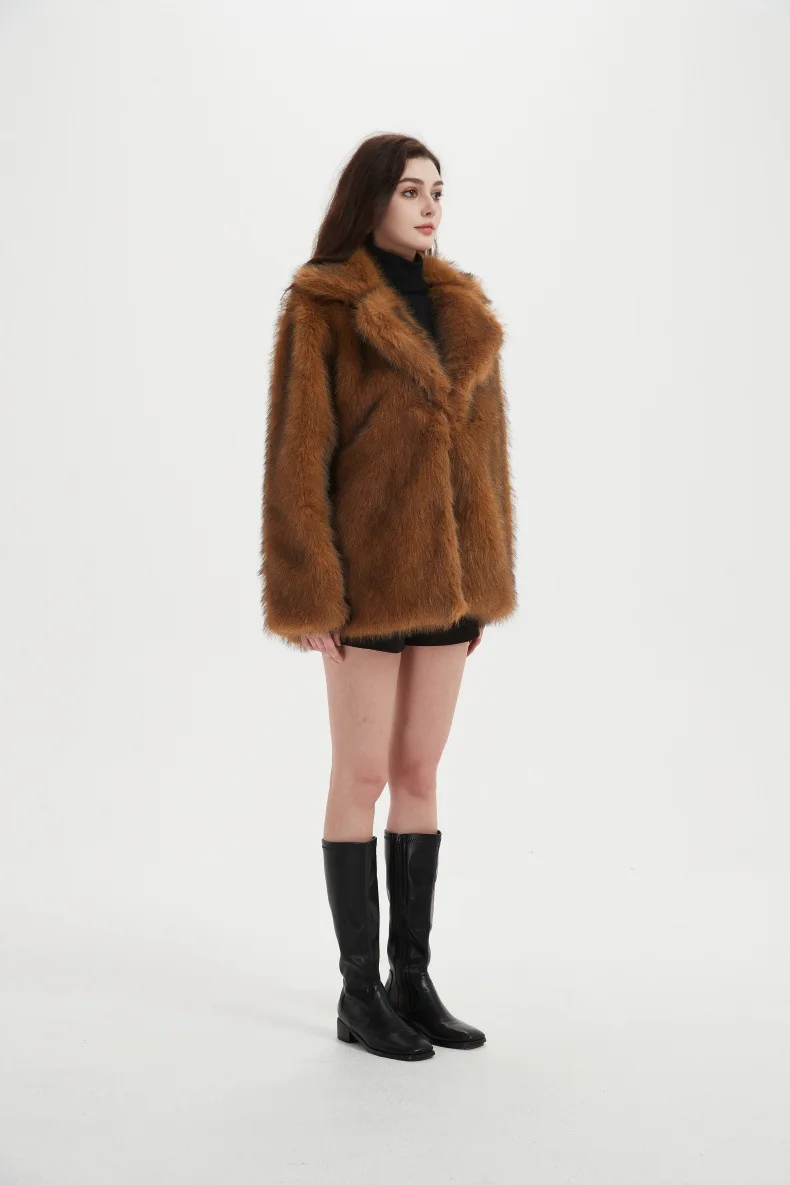 Furry Coat Women Warm Long Sleeve Loose Jacket Turn Down Collar Cardigan Solid Thick Faux Fur Coats Elegant Autumn Winter