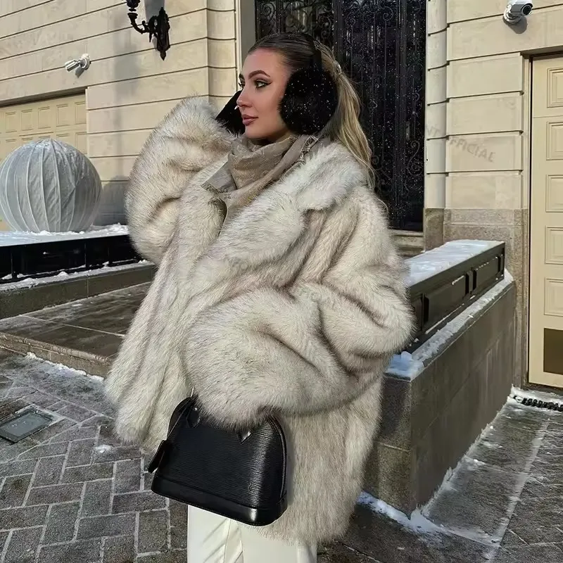 Furry Coat Women Warm Long Sleeve Loose Jacket Turn Down Collar Cardigan Solid Thick Faux Fur Coats Elegant Autumn Winter