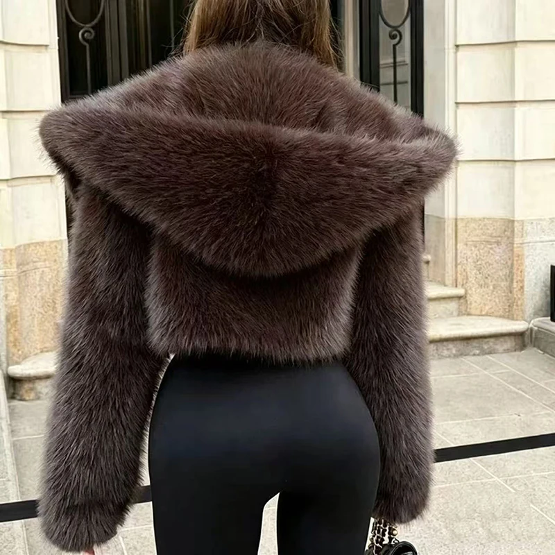 ZADORIN Fashion Women Brown Faux Fox Fur Coat Loose Hooded Thick Warm Fluffy Jacket Fashion Winter Short Plush Outerwear Coats