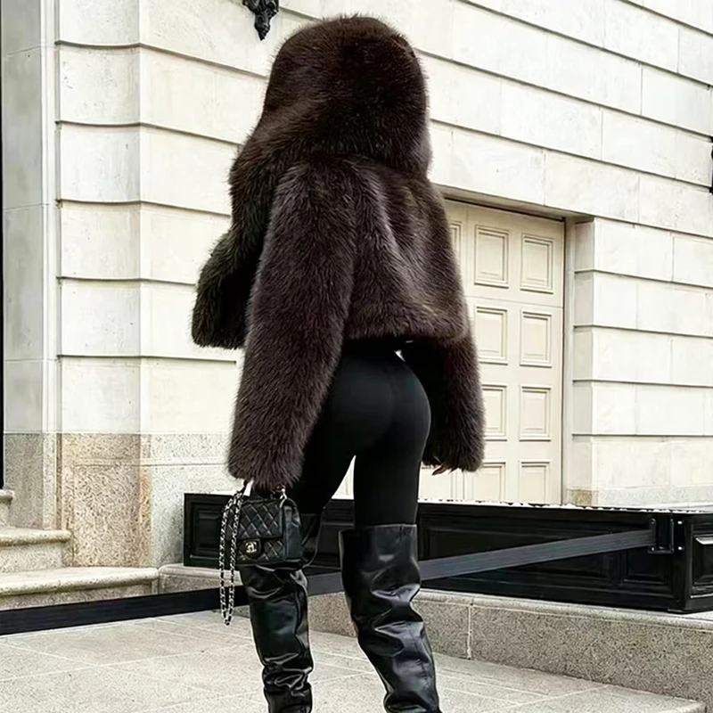 ZADORIN Fashion Women Brown Faux Fox Fur Coat Loose Hooded Thick Warm Fluffy Jacket Fashion Winter Short Plush Outerwear Coats