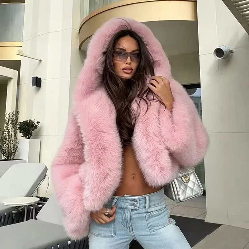 ZADORIN Fashion Women Brown Faux Fox Fur Coat Loose Hooded Thick Warm Fluffy Jacket Fashion Winter Short Plush Outerwear Coats
