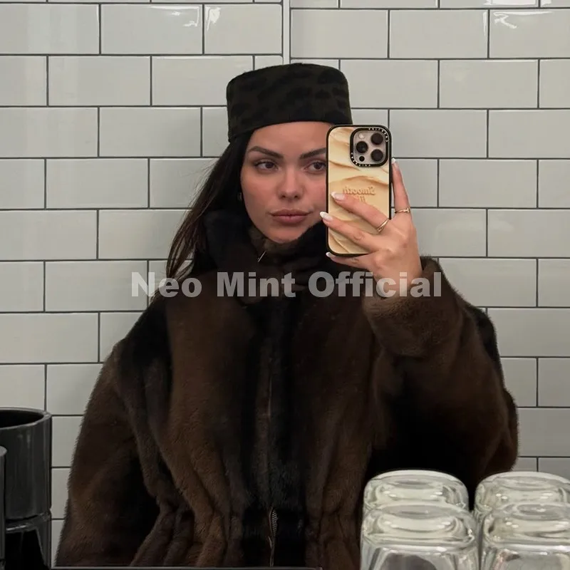 Neo Mint Iconic Blogger Fashion Vintage Striped Sable Mink Peplum Jacket Women 2026 Winter Luxury Brand Faux Fur Coat Outerwears