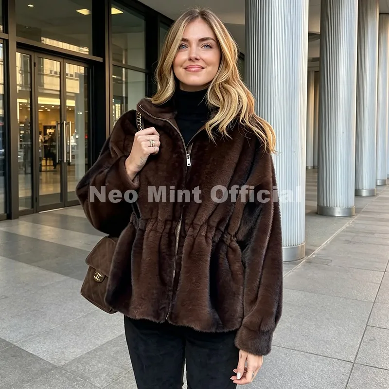 Neo Mint Iconic Blogger Fashion Vintage Striped Sable Mink Peplum Jacket Women 2026 Winter Luxury Brand Faux Fur Coat Outerwears