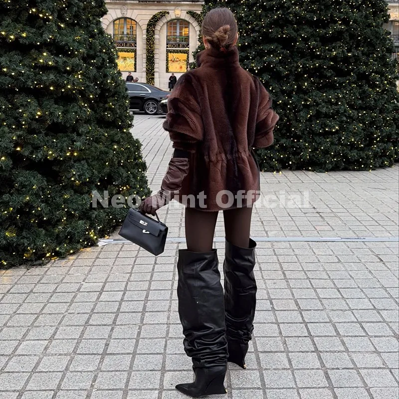 Neo Mint Iconic Blogger Fashion Vintage Striped Sable Mink Peplum Jacket Women 2026 Winter Luxury Brand Faux Fur Coat Outerwears