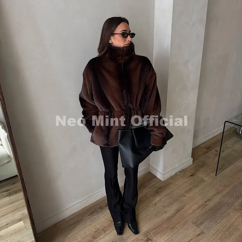Neo Mint Iconic Blogger Fashion Vintage Striped Sable Mink Peplum Jacket Women 2026 Winter Luxury Brand Faux Fur Coat Outerwears