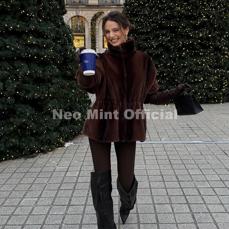 Neo Mint Iconic Blogger Fashion Vintage Striped Sable Mink Peplum Jacket Women 2026 Winter Luxury Brand Faux Fur Coat Outerwears