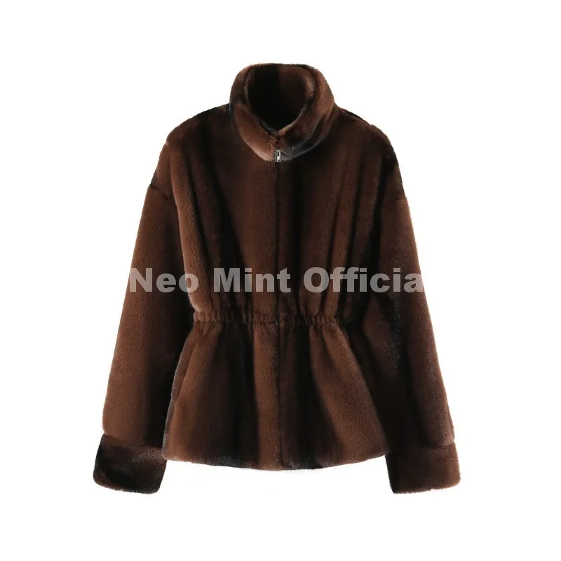 Neo Mint Iconic Blogger Fashion Vintage Striped Sable Mink Peplum Jacket Women 2026 Winter Luxury Brand Faux Fur Coat Outerwears