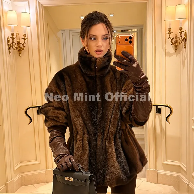Neo Mint Iconic Blogger Fashion Vintage Striped Sable Mink Peplum Jacket Women 2026 Winter Luxury Brand Faux Fur Coat Outerwears