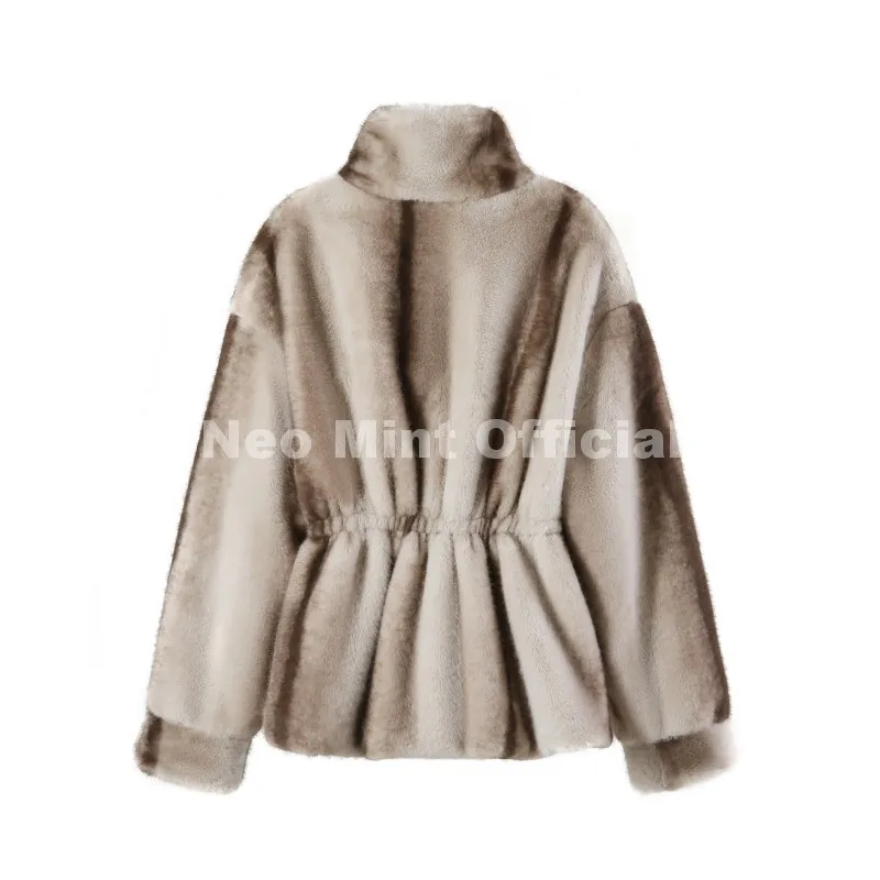 Neo Mint Iconic Blogger Fashion Vintage Striped Sable Mink Peplum Jacket Women 2026 Winter Luxury Brand Faux Fur Coat Outerwears