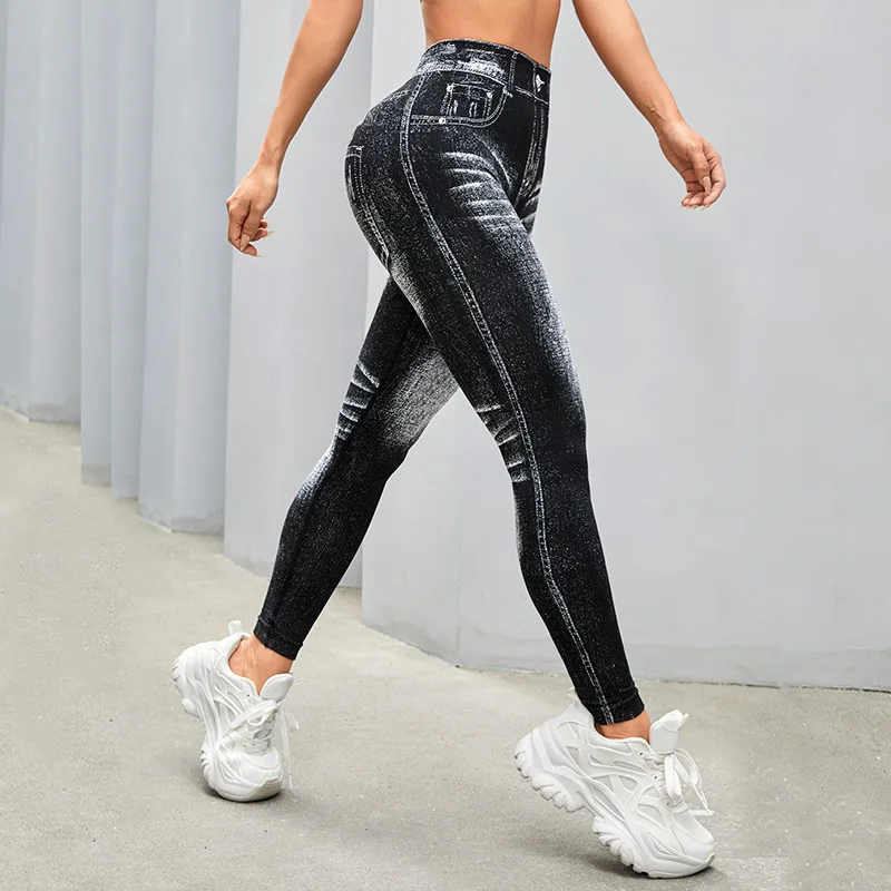  Women Sport Yoga Leggings Faux Jeans Skinny Tight Seamless Fitness Outerdoor Pants