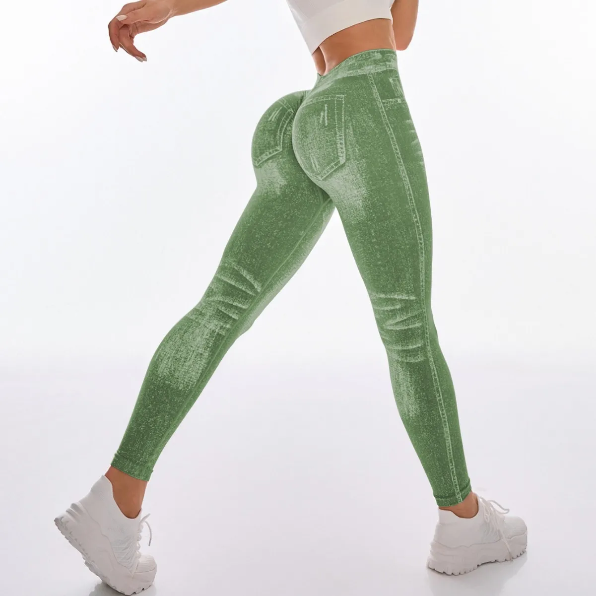  Women Sport Yoga Leggings Faux Jeans Skinny Tight Seamless Fitness Outerdoor Pants