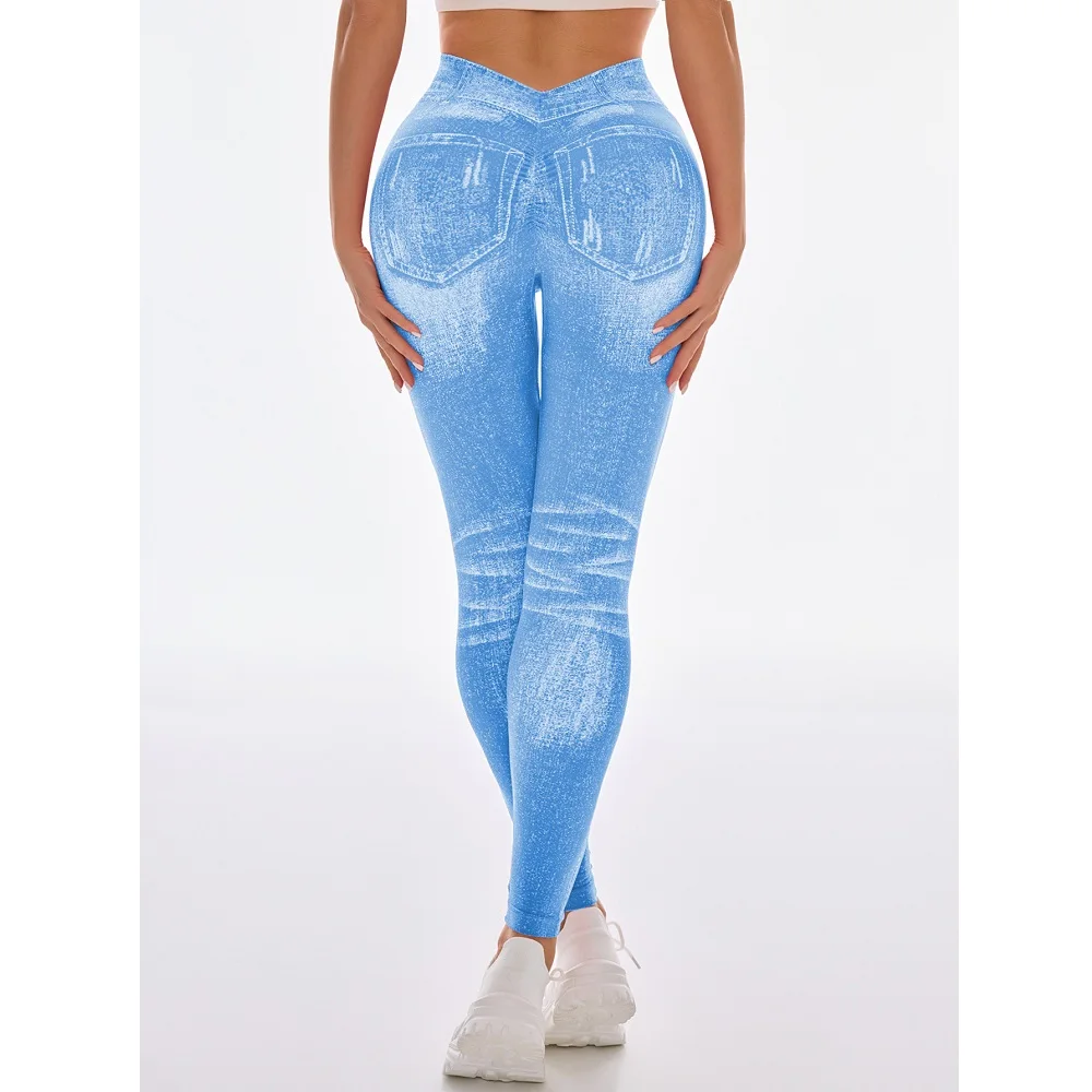  Women Sport Yoga Leggings Faux Jeans Skinny Tight Seamless Fitness Outerdoor Pants