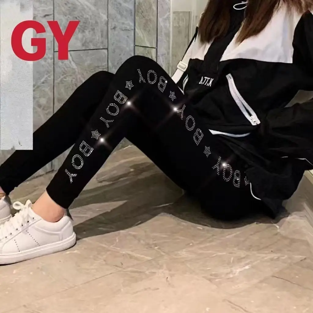 Four Seasons High Waist Stretch Women Leggings All-match Shiny Hot Diamonds Skinny Pants Thicken Fleece Ankle-length Leggings