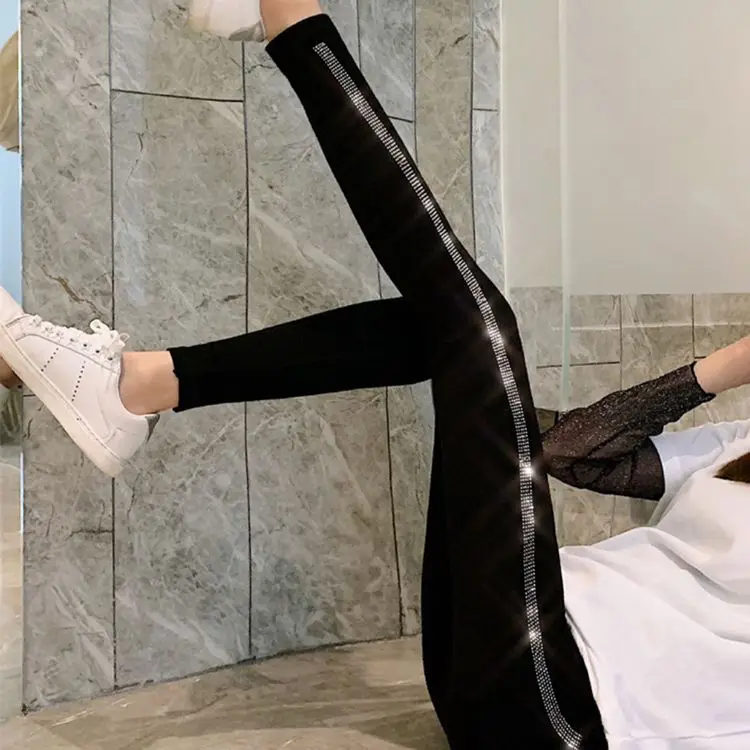 Four Seasons High Waist Stretch Women Leggings All-match Shiny Hot Diamonds Skinny Pants Thicken Fleece Ankle-length Leggings