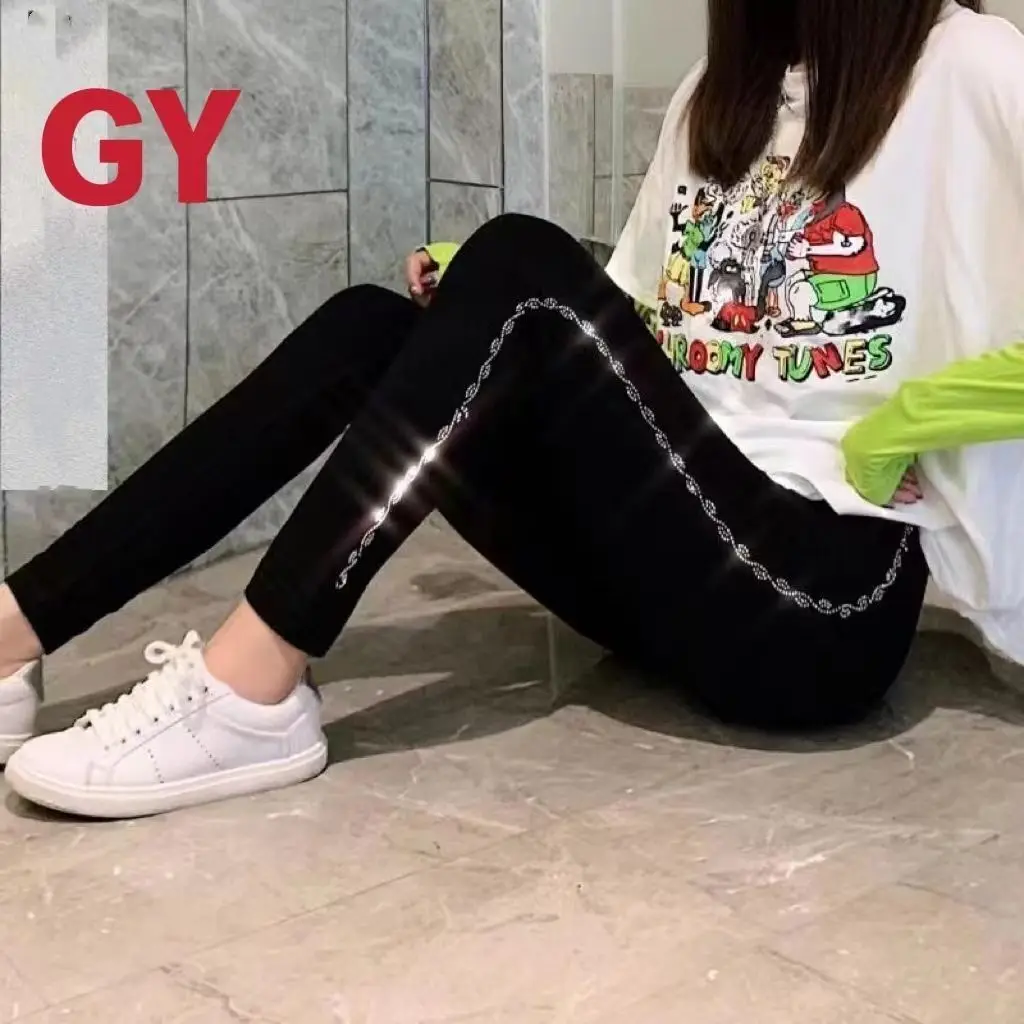 Four Seasons High Waist Stretch Women Leggings All-match Shiny Hot Diamonds Skinny Pants Thicken Fleece Ankle-length Leggings