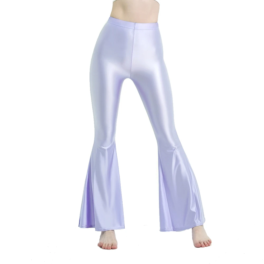 Women's High Waist Glossy Shiny Smooth Yoga Fitness Dance Leggings Solid Color Bell-Bottoms Opaque Disco Pants Trousers MJINM