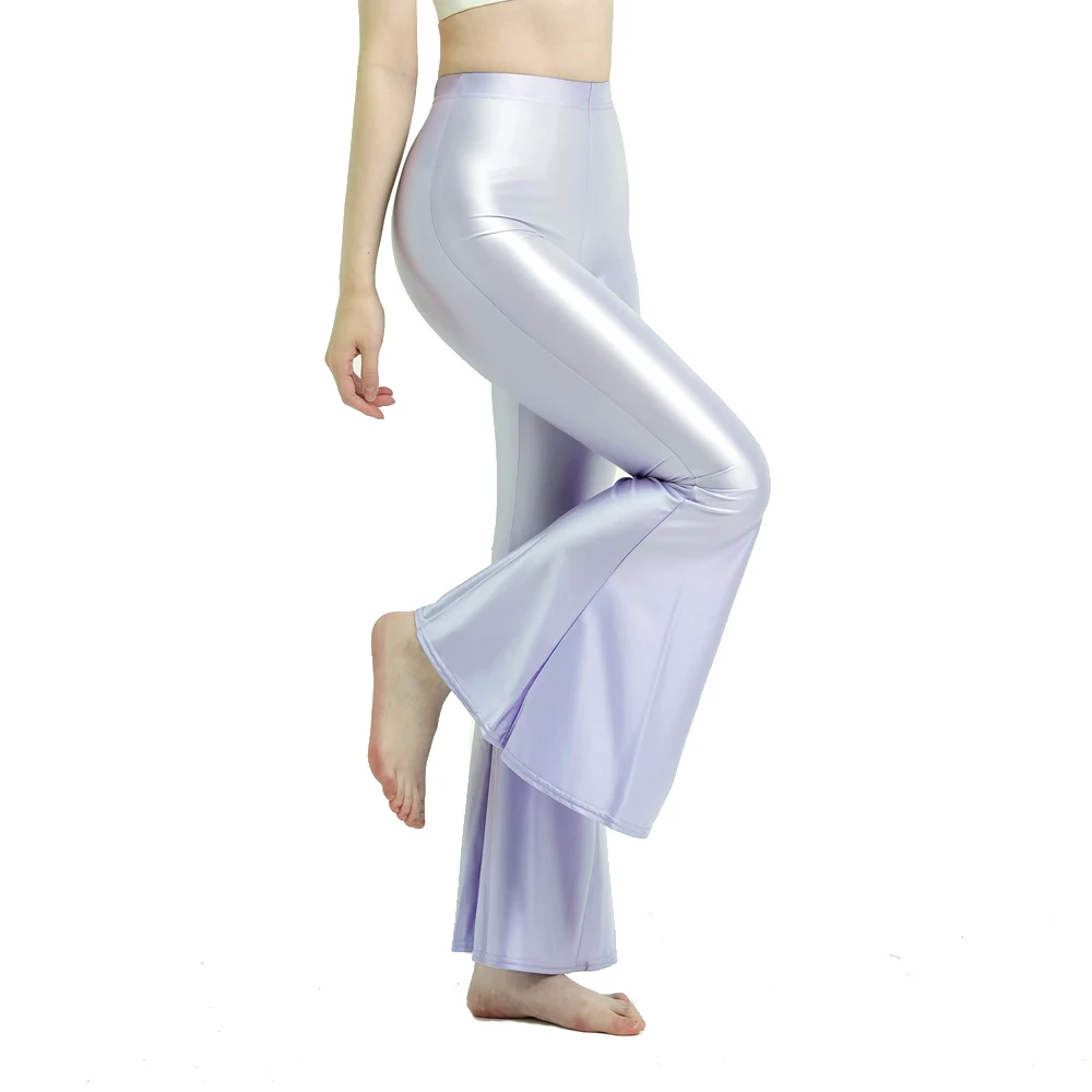 Women's High Waist Glossy Shiny Smooth Yoga Fitness Dance Leggings Solid Color Bell-Bottoms Opaque Disco Pants Trousers MJINM
