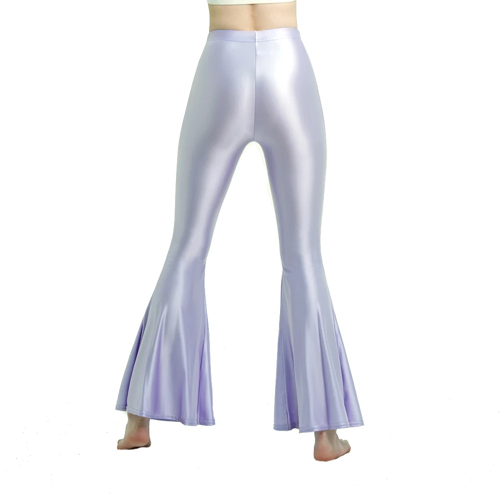 Women's High Waist Glossy Shiny Smooth Yoga Fitness Dance Leggings Solid Color Bell-Bottoms Opaque Disco Pants Trousers MJINM
