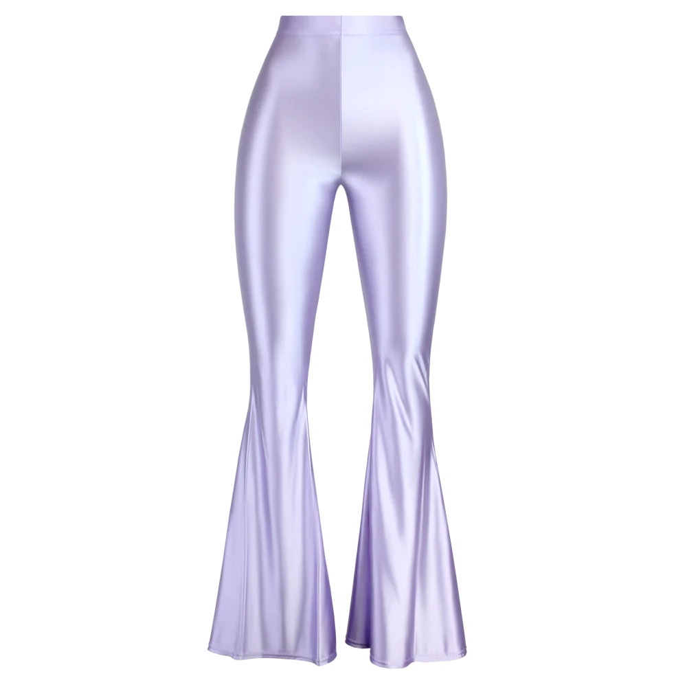 Women's High Waist Glossy Shiny Smooth Yoga Fitness Dance Leggings Solid Color Bell-Bottoms Opaque Disco Pants Trousers MJINM