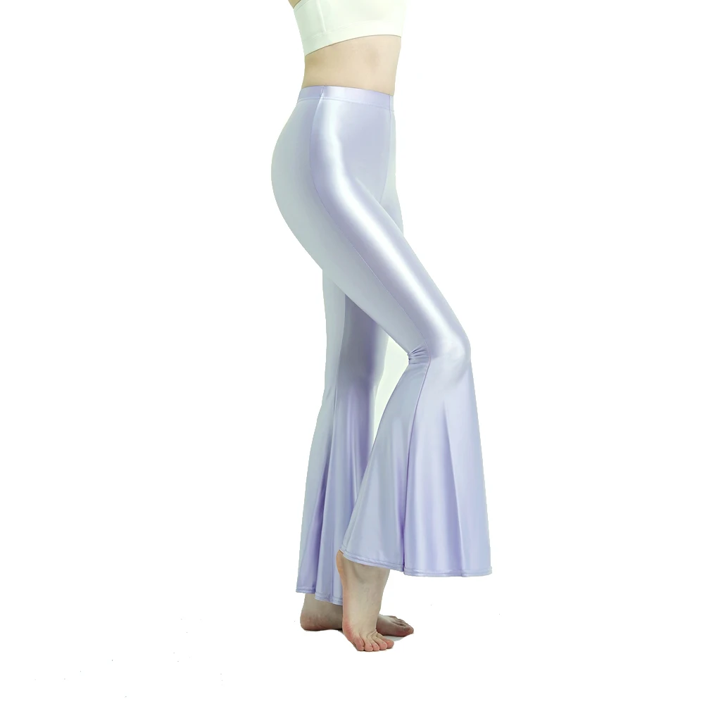 Women's High Waist Glossy Shiny Smooth Yoga Fitness Dance Leggings Solid Color Bell-Bottoms Opaque Disco Pants Trousers MJINM