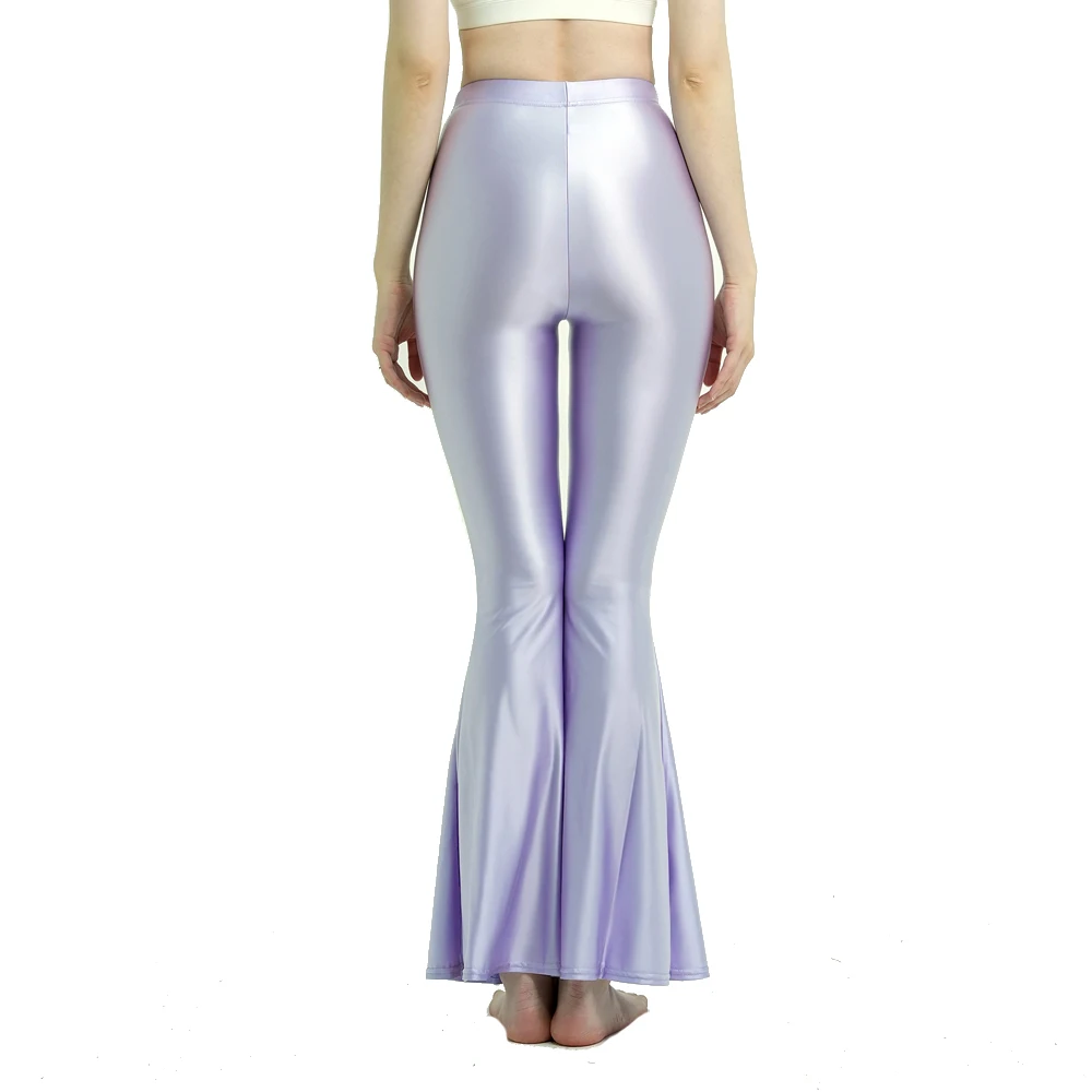 Women's High Waist Glossy Shiny Smooth Yoga Fitness Dance Leggings Solid Color Bell-Bottoms Opaque Disco Pants Trousers MJINM