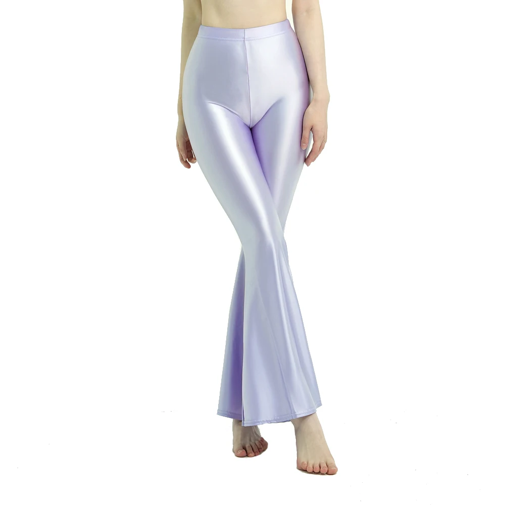 Women's High Waist Glossy Shiny Smooth Yoga Fitness Dance Leggings Solid Color Bell-Bottoms Opaque Disco Pants Trousers MJINM