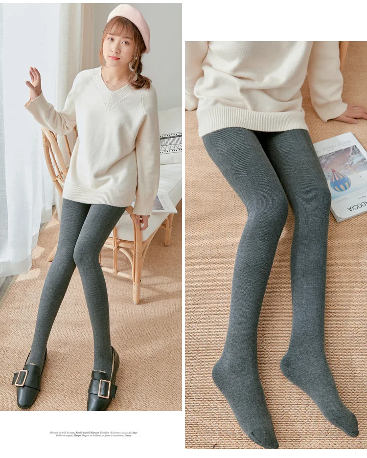 Thickened Add Velvet Women's Leggings Autumn Winter Threaded Cotton Bottoms High Elasticity Warm Pants Bare Toes One-piece Pants
