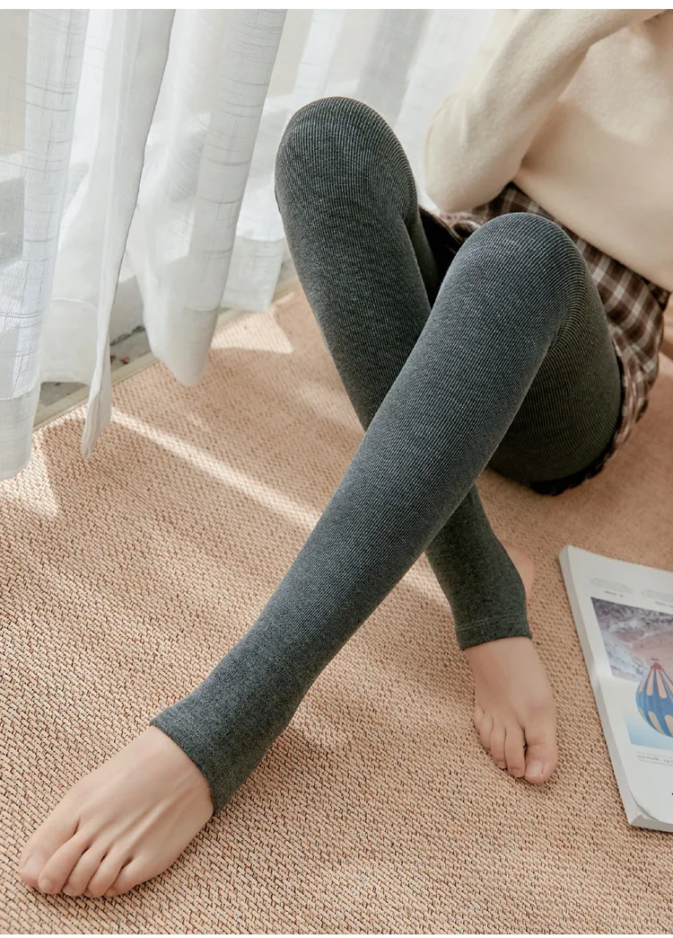 Thickened Add Velvet Women's Leggings Autumn Winter Threaded Cotton Bottoms High Elasticity Warm Pants Bare Toes One-piece Pants