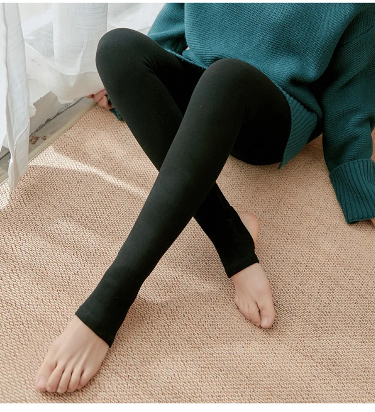 Thickened Add Velvet Women's Leggings Autumn Winter Threaded Cotton Bottoms High Elasticity Warm Pants Bare Toes One-piece Pants