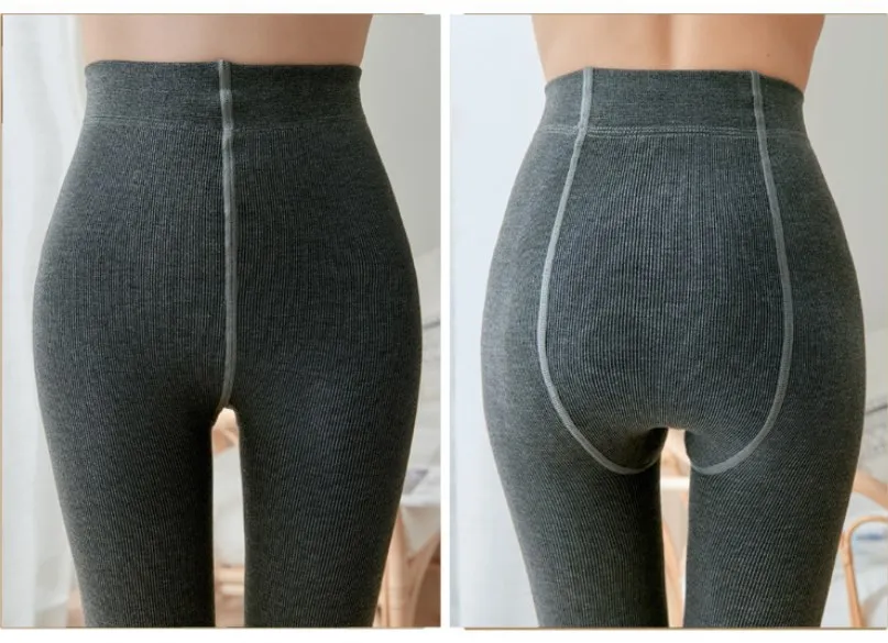 Thickened Add Velvet Women's Leggings Autumn Winter Threaded Cotton Bottoms High Elasticity Warm Pants Bare Toes One-piece Pants