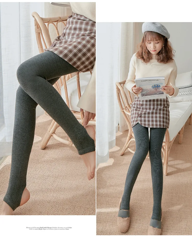 Thickened Add Velvet Women's Leggings Autumn Winter Threaded Cotton Bottoms High Elasticity Warm Pants Bare Toes One-piece Pants