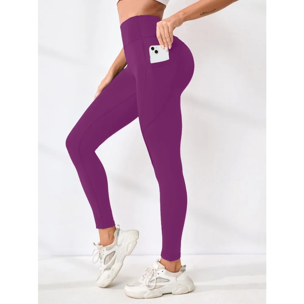 Women High Waist Butt Lifting Pocket Leggings Elastic Skin-Friendly Tight Base Pants Fitness Gym Running Casual Daily Streetwear